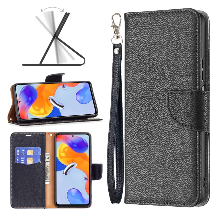 Black litchi-texture flip leather phone case with card slot and magnetic cover.