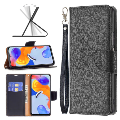 Black litchi-texture flip leather phone case with card slot and magnetic cover.