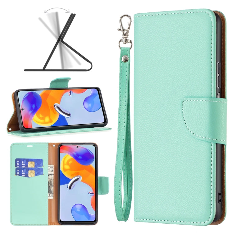 Mint green litchi-texture flip leather phone case with card slot and magnetic cover.