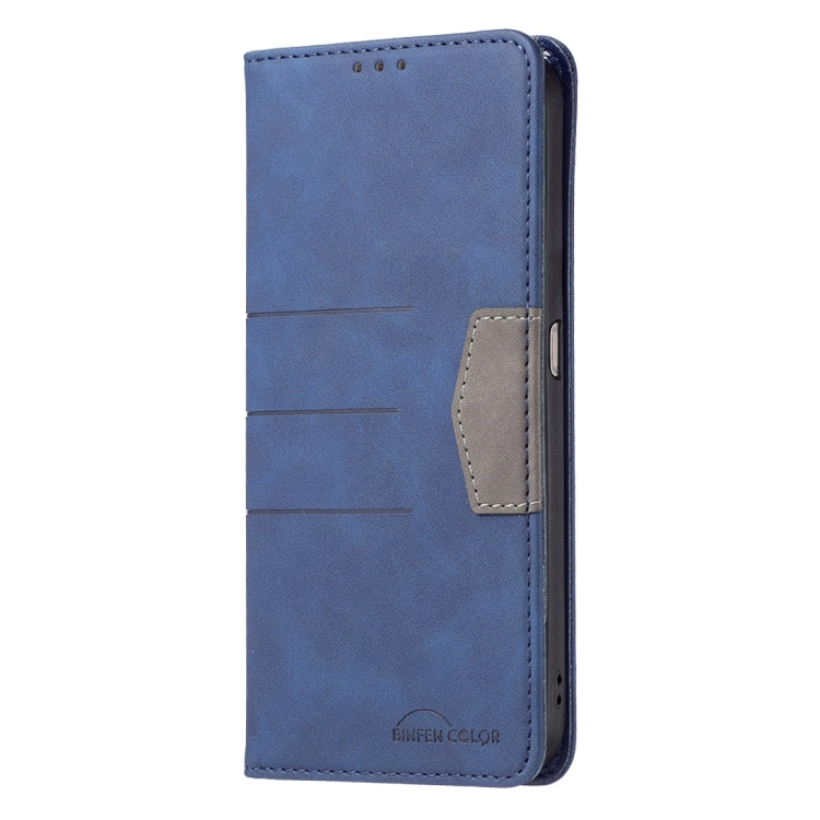 Blue leather phone case with magnetic flip and card pocket, side button openings