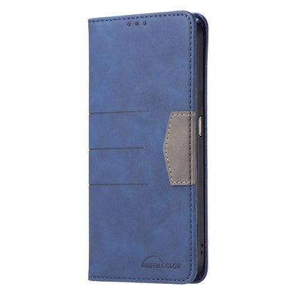 Blue leather phone case with magnetic flip and card pocket, side button openings