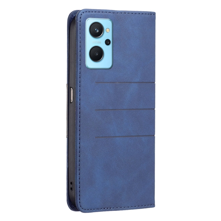 Blue leather phone case with camera cutout and magnetic flip