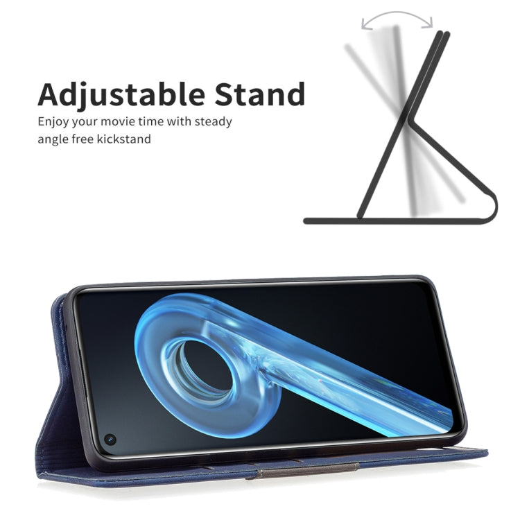 Blue magnetic leather phone case with phone on adjustable stand for hands-free viewing