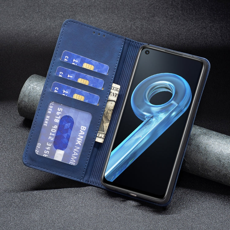 Blue leather phone wallet case with card slots and magnetic closure, phone inserted