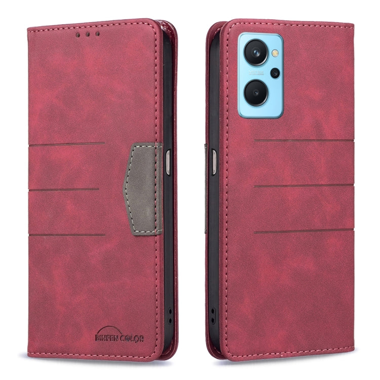 Red leather phone case with magnetic flip and card pocket, side button openings