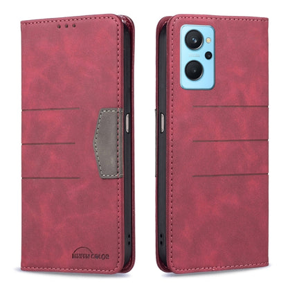Red leather phone case with magnetic flip and card pocket, side button openings