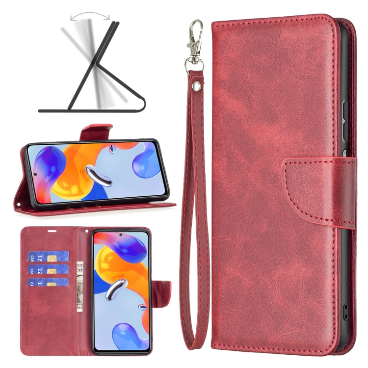 Red leather flip phone case with wrist strap and front card pocket