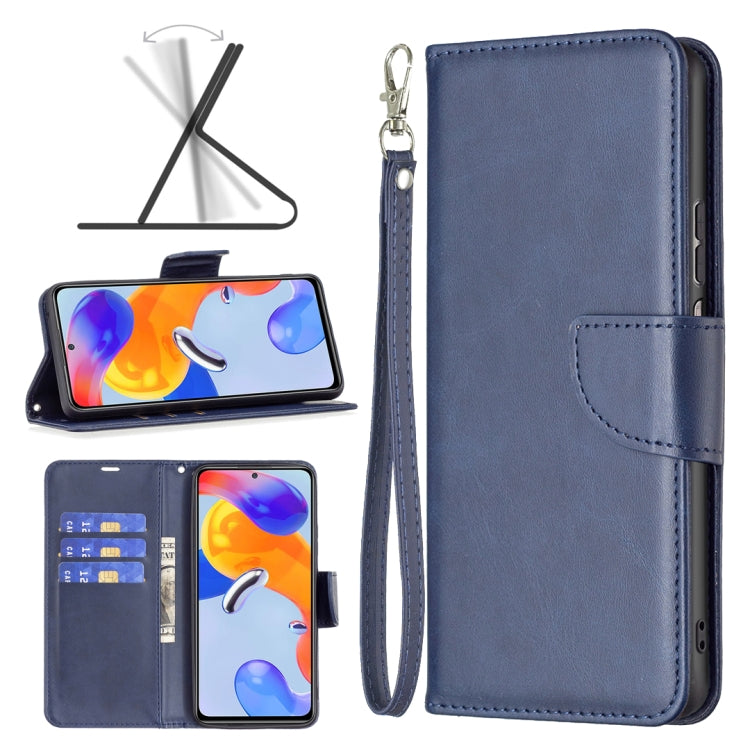 Blue leather flip phone case with wrist strap and front card pocket