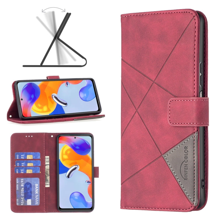 Red magnetic flip phone case in leather, rhombus cross texture, with card slots