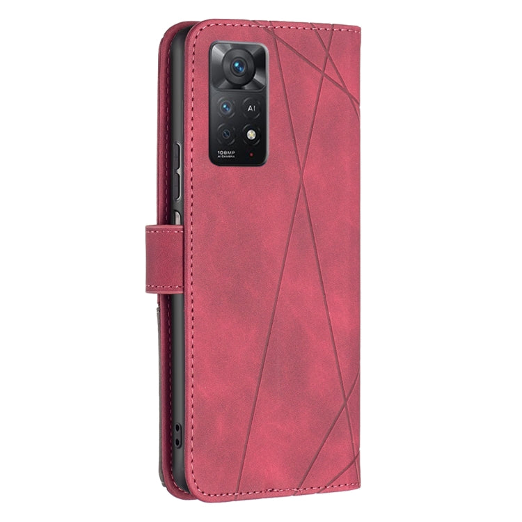 Red leather flip phone case with rhombus texture and camera cutout