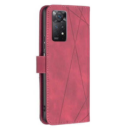 Red leather flip phone case with rhombus texture and camera cutout