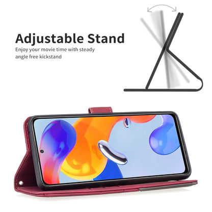 Red magnetic flip phone case with rhombus texture, propped as a viewing stand