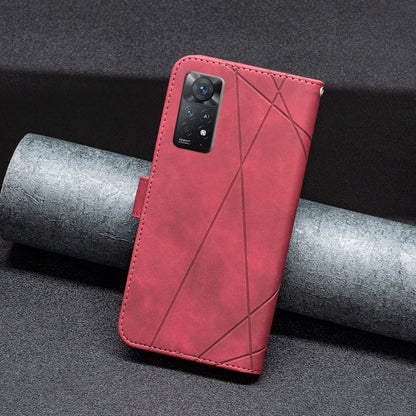 Red leather magnetic flip phone case with rhombus lines and camera cutout
