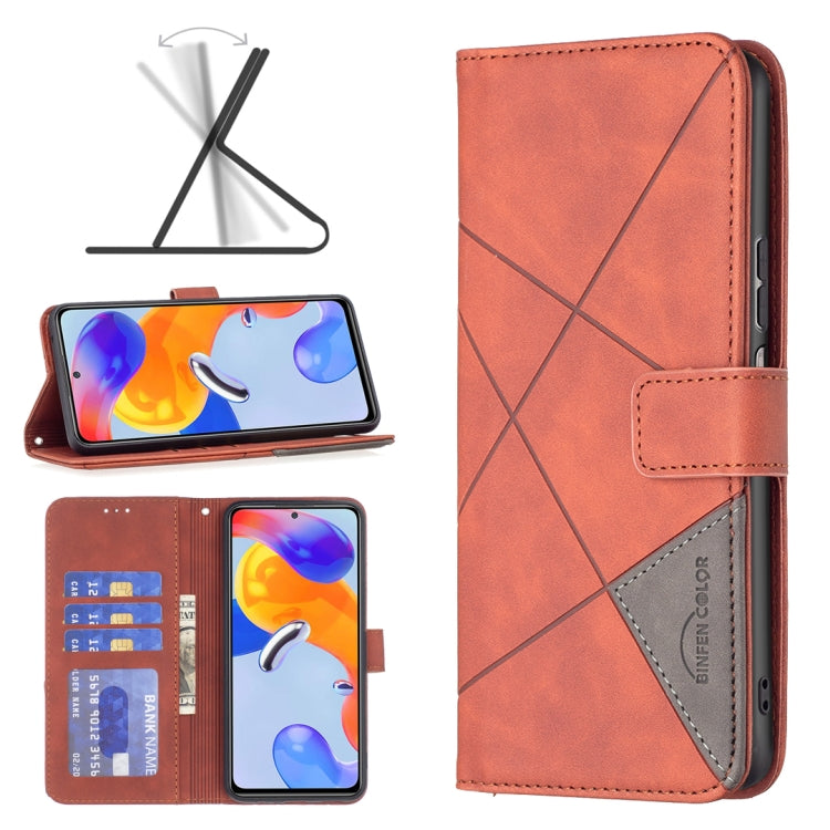 Brown magnetic flip phone case in leather with rhombus cross texture and card pocket