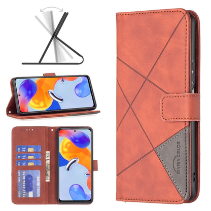 Brown magnetic flip phone case in leather with rhombus cross texture and card pocket