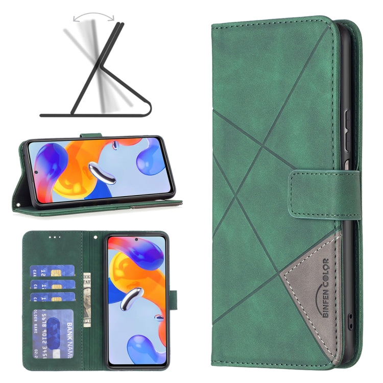 Green magnetic flip phone case in leather with rhombus cross texture and card pocket