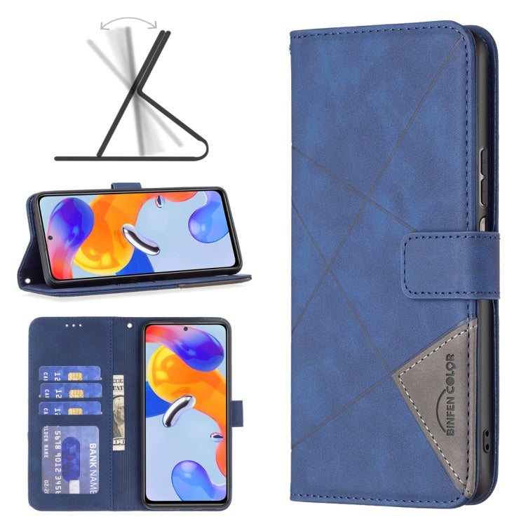 Blue magnetic flip phone case in leather with rhombus cross texture and card pocket