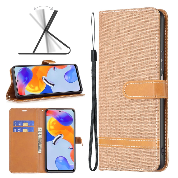 Brown denim-texture leather phone case with flip cover and wrist strap for Redmi Note 11 Pro
