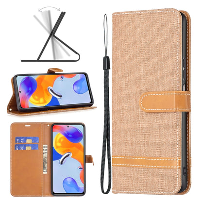 Brown denim-texture leather phone case with flip cover and wrist strap for Redmi Note 11 Pro