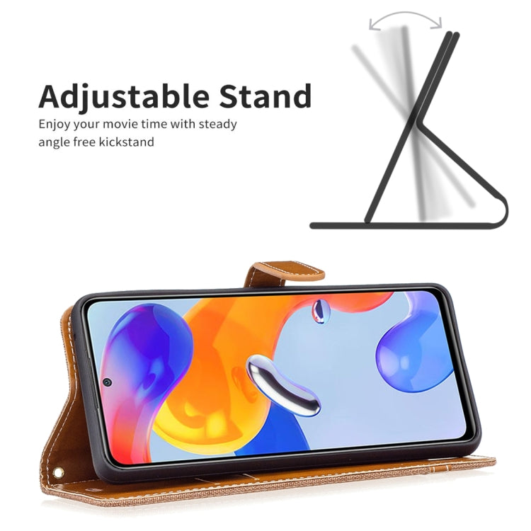 Brown denim-texture leather wallet phone case with flip stand cover and wrist strap