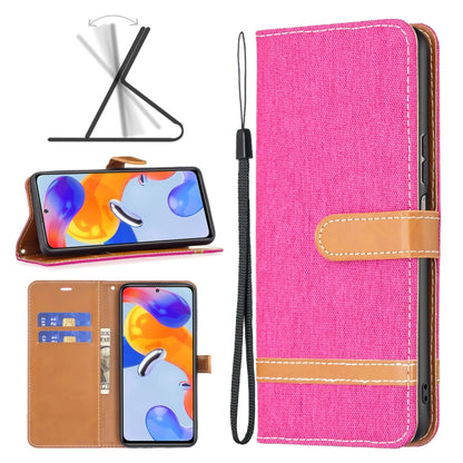 Rose red denim-texture leather phone case with flip cover and wrist strap for Redmi