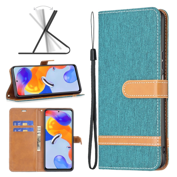 Teal denim-texture leather phone case with flip cover and wrist strap for Redmi Note 11 Pro