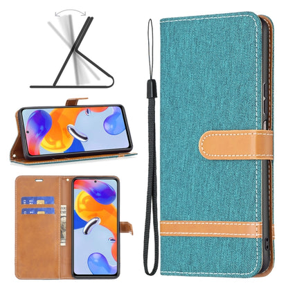 Teal denim-texture leather phone case with flip cover and wrist strap for Redmi Note 11 Pro