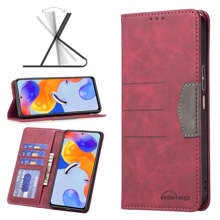 Red leather folio phone case with card slots and magnetic closure, with stand view.