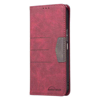 Red leather folio phone case with side pocket and magnetic clasp, closed view.