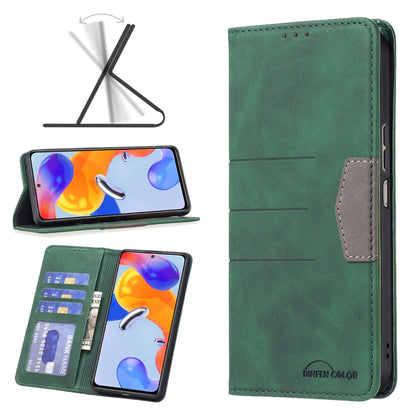 Green leather folio phone case with card slots and magnetic closure, with stand view.