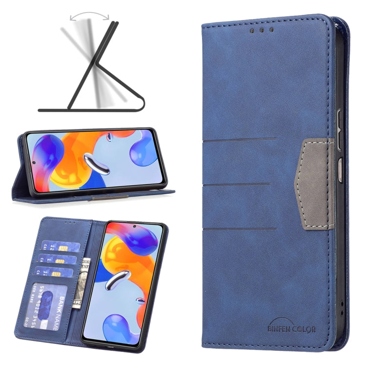 Blue leather folio phone case with card slots and side pocket, magnetic clasp closed.