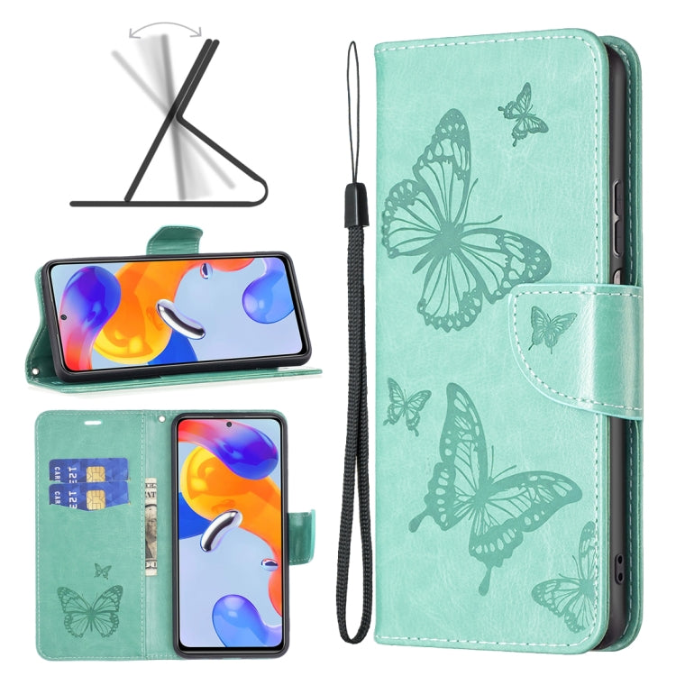 Green embossed butterfly leather wallet phone case with folio flap and wrist strap