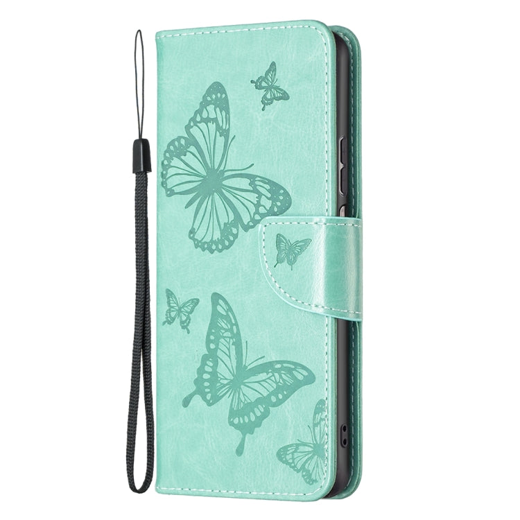 Mint green embossed butterfly folio phone case with flip cover and wrist strap