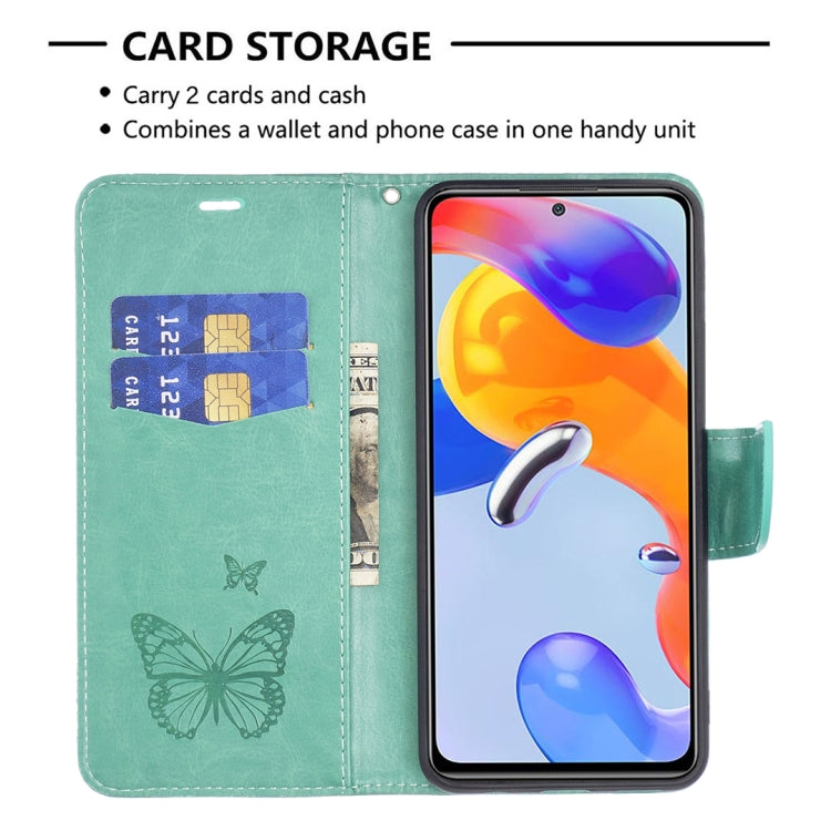 Mint green leather wallet phone case with card slots and embossed butterfly design