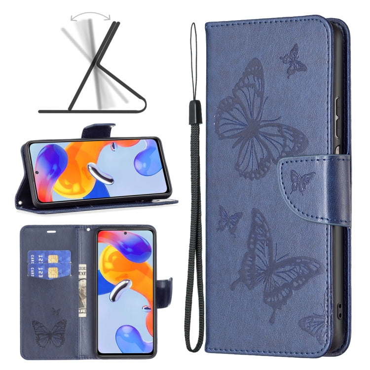 Blue embossed butterfly leather wallet phone case with flip cover and wrist strap