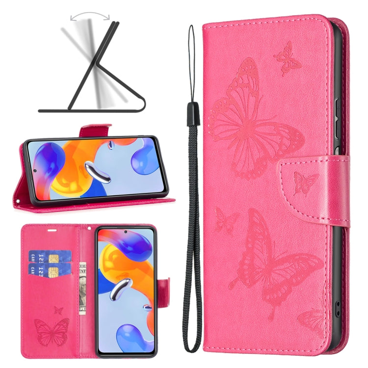 Rose red leather-look wallet phone case with embossed butterflies, flip cover and wrist strap