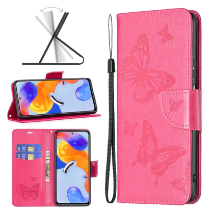 Rose red leather-look wallet phone case with embossed butterflies, flip cover and wrist strap