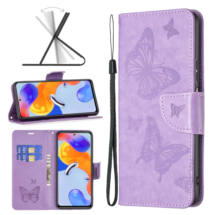 Purple leather-look wallet phone case with embossed butterflies, flip cover, card slots and strap
