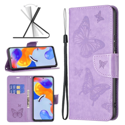 Purple leather-look wallet phone case with embossed butterflies, flip cover, card slots and strap