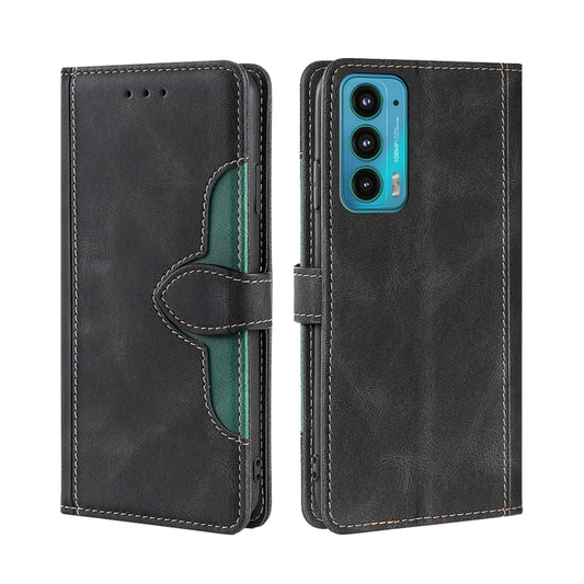 Black leather wallet phone case with magnetic buckle, green stitched strap, and camera cutout