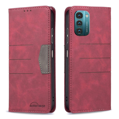 Red leather magnetic flip phone case with front card pocket and stitched design.