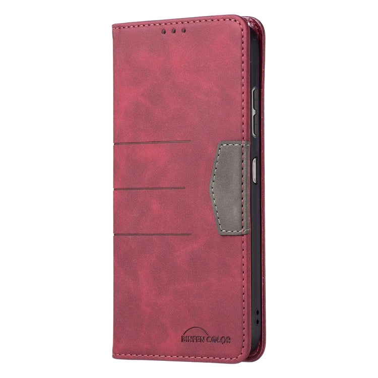 Red leather magnetic flip phone case with card pocket on the outer flap.