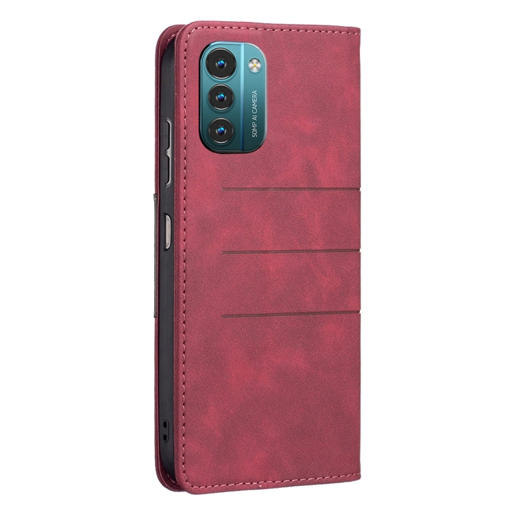 Red leather magnetic flip phone case with camera cutout and stitched edges.