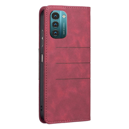 Red leather magnetic flip phone case with camera cutout and stitched edges.