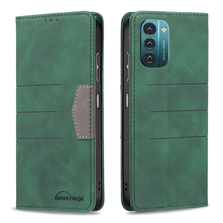 Green leather magnetic flip phone case with front card pocket and stitched trim.