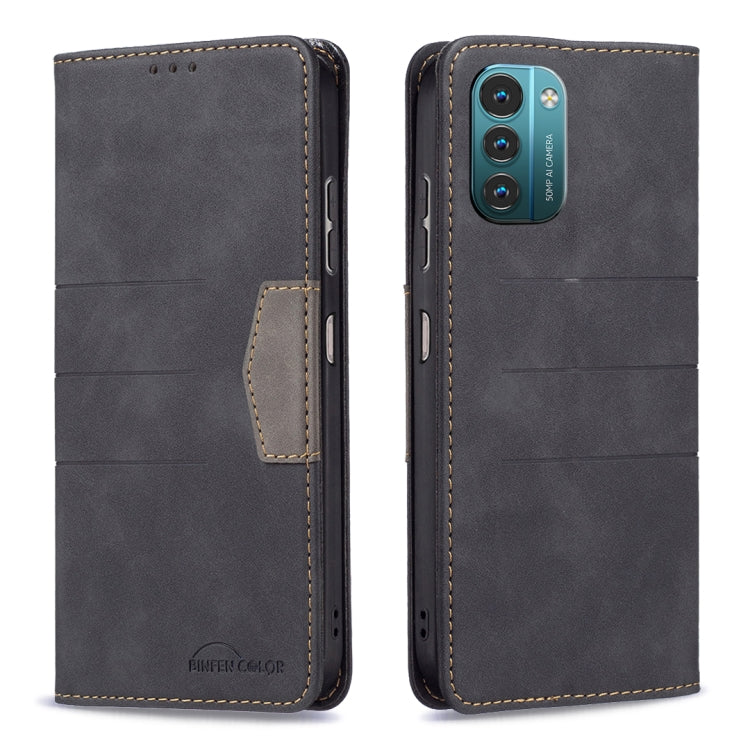 Gray leather magnetic flip phone case with front card pocket and contrast stitching.