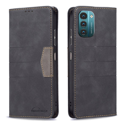 Gray leather magnetic flip phone case with front card pocket and contrast stitching.