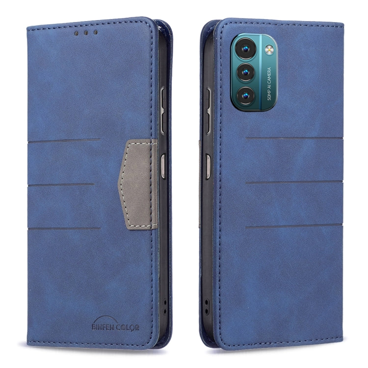 Blue leather magnetic flip phone case with front card pocket and stitched edges.