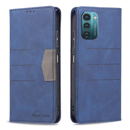 Blue leather magnetic flip phone case with front card pocket and stitched edges.