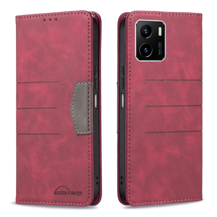 Red leather magnetic flip phone case with front card pocket and camera cutout.